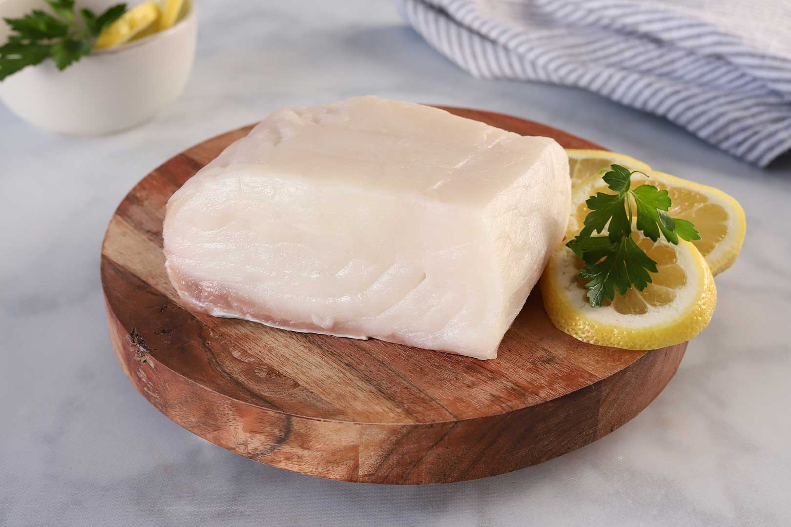 Fresh halibut sold by the pound