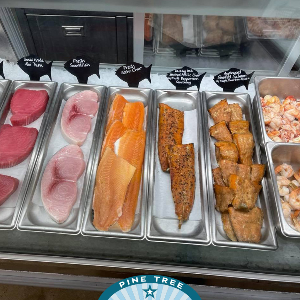 Fresh healthy fish selection at Pine Tree Seafood in Scarborough, Maine